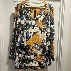 Tory Burch abstract splatter 100% silk tunic blouse
